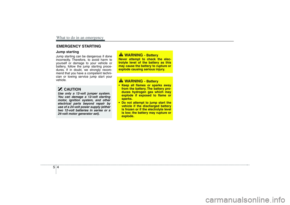 HYUNDAI ENTOURAGE 2009  Owners Manual What to do in an emergency4 5Jump starting  Jump starting can be dangerous if done
incorrectly. Therefore, to avoid harm to
yourself or damage to your vehicle or
battery, follow the jump starting proc