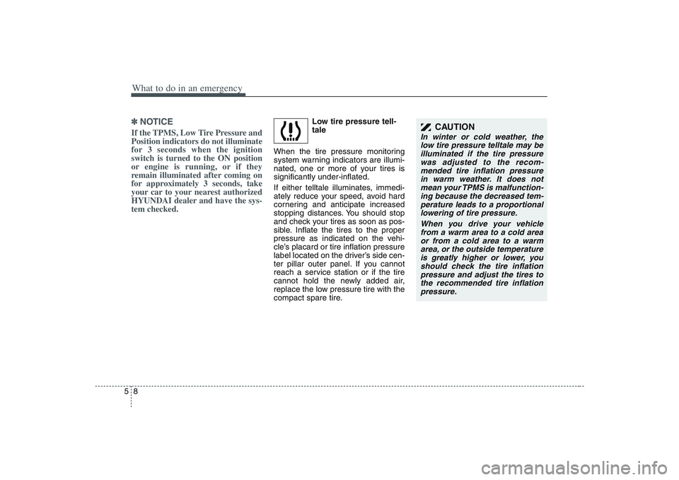 HYUNDAI ENTOURAGE 2009  Owners Manual What to do in an emergency8 5✽
✽
NOTICEIf the TPMS, Low Tire Pressure and
Position indicators do not illuminate
for 3 seconds when the ignition
switch is turned to the ON position
or engine is run