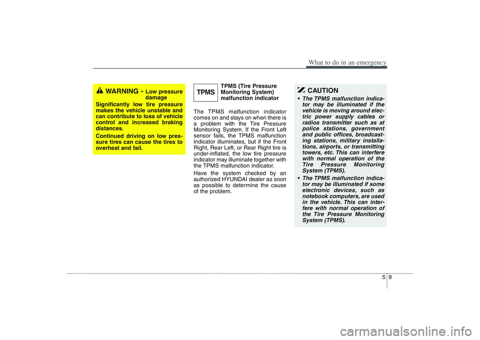 HYUNDAI ENTOURAGE 2009  Owners Manual 59
What to do in an emergency
TPMS (Tire Pressure
Monitoring System)
malfunction indicator
The TPMS malfunction indicator
comes on and stays on when there is
a problem with the Tire Pressure
Monitorin