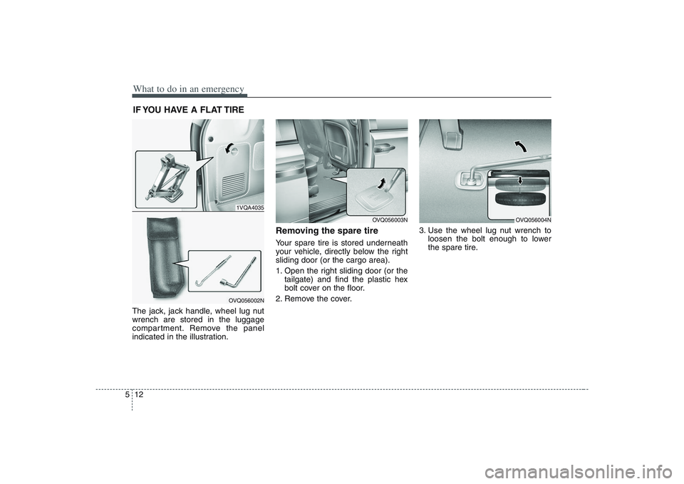HYUNDAI ENTOURAGE 2009  Owners Manual What to do in an emergency12 5IF YOU HAVE A FLAT TIRE The jack, jack handle, wheel lug nut
wrench are stored in the luggage
compartment. Remove the panel
indicated in the illustration.
Removing the sp