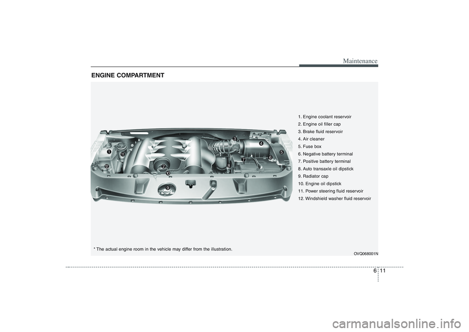 HYUNDAI ENTOURAGE 2009  Owners Manual 611
Maintenance
ENGINE COMPARTMENT 
OVQ068001N
1. Engine coolant reservoir
2. Engine oil filler cap
3. Brake fluid reservoir
4. Air cleaner
5. Fuse box
6. Negative battery terminal
7. Positive battery