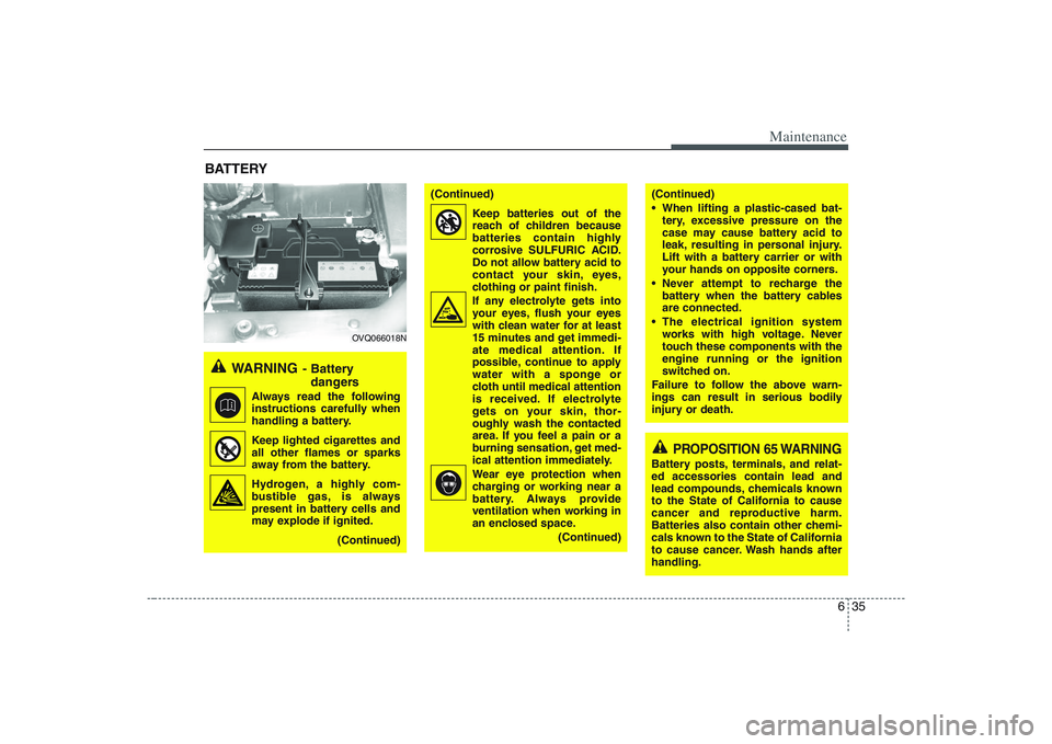 HYUNDAI ENTOURAGE 2009  Owners Manual 635
Maintenance
BATTERY
WARNING
- Battery 
dangers
Always read the following
instructions carefully when
handling a battery.
Keep lighted cigarettes and
all other flames or sparks
away from the batter