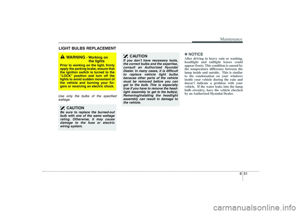 HYUNDAI ENTOURAGE 2009  Owners Manual 651
Maintenance
LIGHT BULBS REPLACEMENT Use only the bulbs of the specified
wattage.
✽ ✽
NOTICEAfter driving in heavy rain or washing,
headlight and taillight lenses could
appear frosty. This cond