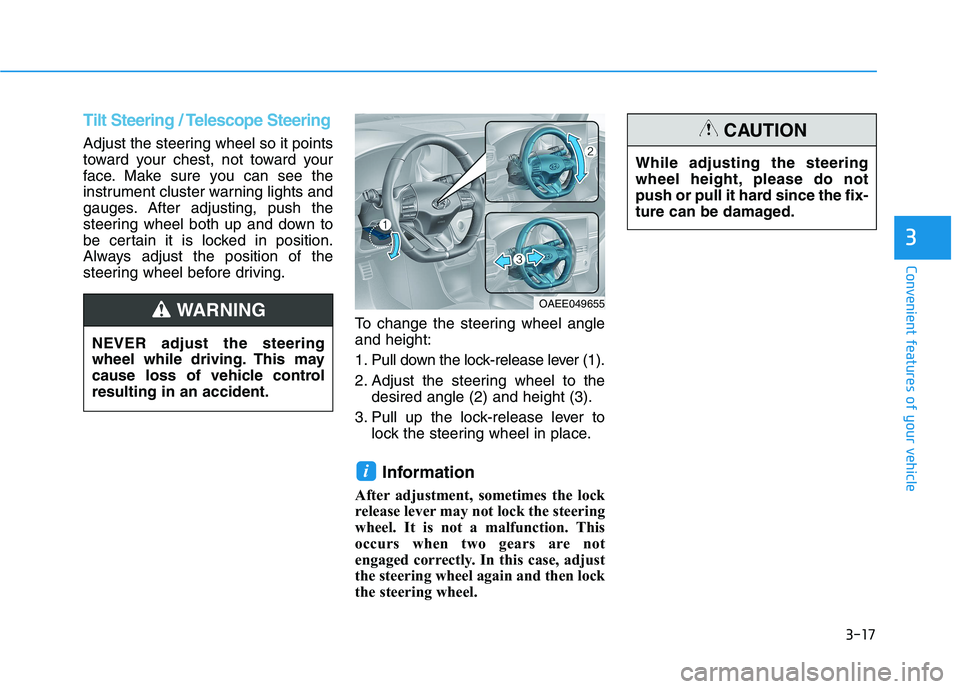 HYUNDAI IONIQ 2020  Owners Manual 3-17
Convenient features of your vehicle
3
Tilt Steering / Telescope Steering
Adjust the steering wheel so it points
toward your chest, not toward your
face. Make sure you can see the
instrument clust