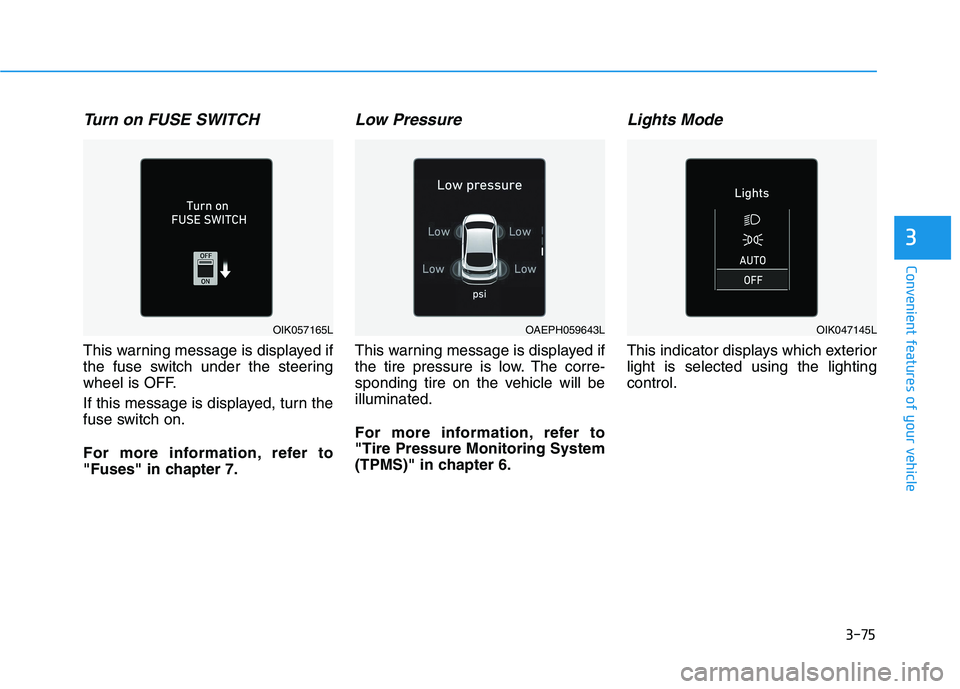 HYUNDAI IONIQ 2020  Owners Manual 3-75
Convenient features of your vehicle
3
Turn on FUSE SWITCH  
This warning message is displayed if
the fuse switch under the steering
wheel is OFF.
If this message is displayed, turn the
fuse switc