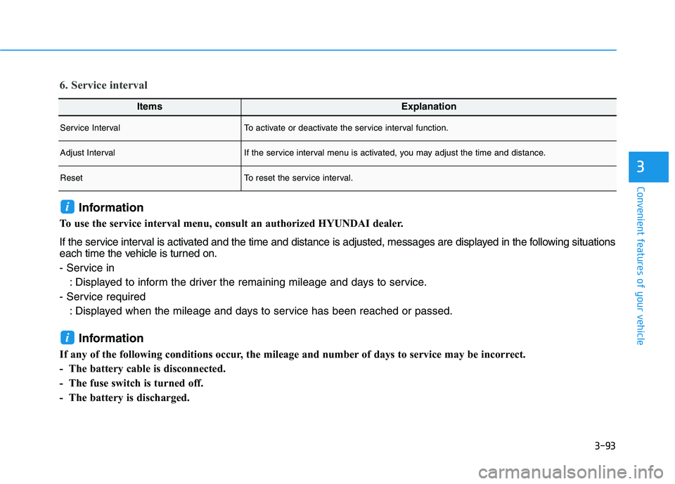 HYUNDAI IONIQ 2020  Owners Manual 3-93
Convenient features of your vehicle
3
ItemsExplanation
Service IntervalTo activate or deactivate the service interval function.
Adjust IntervalIf the service interval menu is activated, you may a