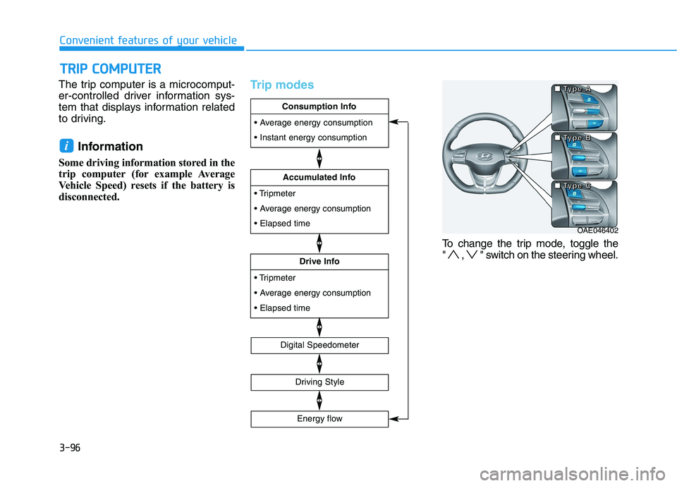 HYUNDAI IONIQ 2020 Owners Manual 3-96
The trip computer is a microcomput-
er-controlled driver information sys-
tem that displays information related
to driving.
Information
Some driving information stored in the
trip computer (for HYUNDAI IONIQ 2020 Owners Manual 3-96
The trip computer is a microcomput-
er-controlled driver information sys-
tem that displays information related
to driving.
Information
Some driving information stored in the
trip computer (for