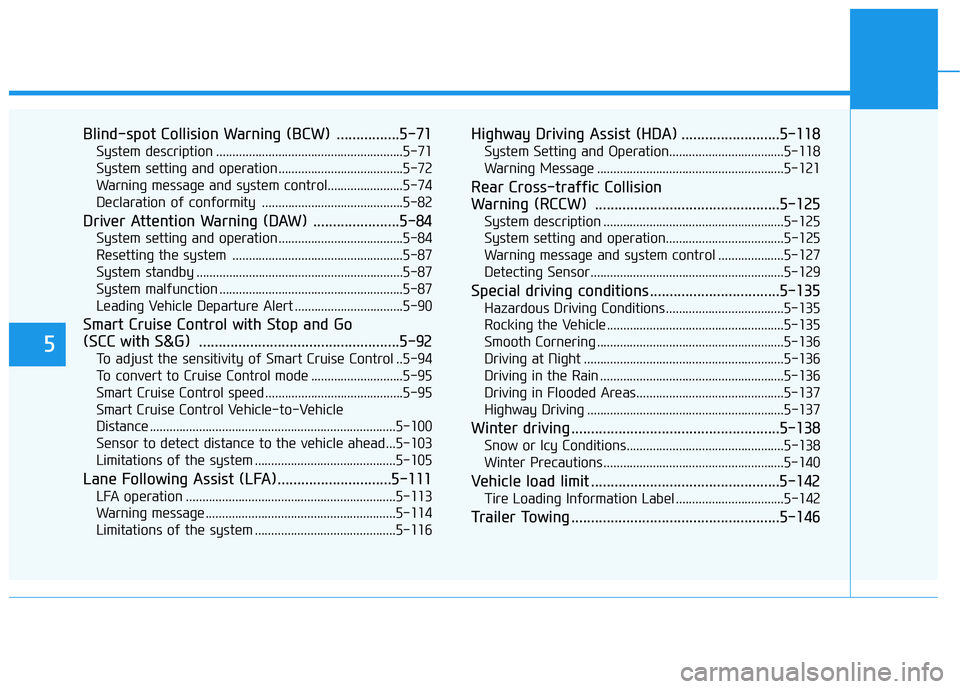 HYUNDAI IONIQ 2020 Owners Manual 5
Blind-spot Collision Warning (BCW) ................5-71
System description .........................................................5-71
System setting and operation ............................... HYUNDAI IONIQ 2020 Owners Manual 5
Blind-spot Collision Warning (BCW) ................5-71
System description .........................................................5-71
System setting and operation ...............................