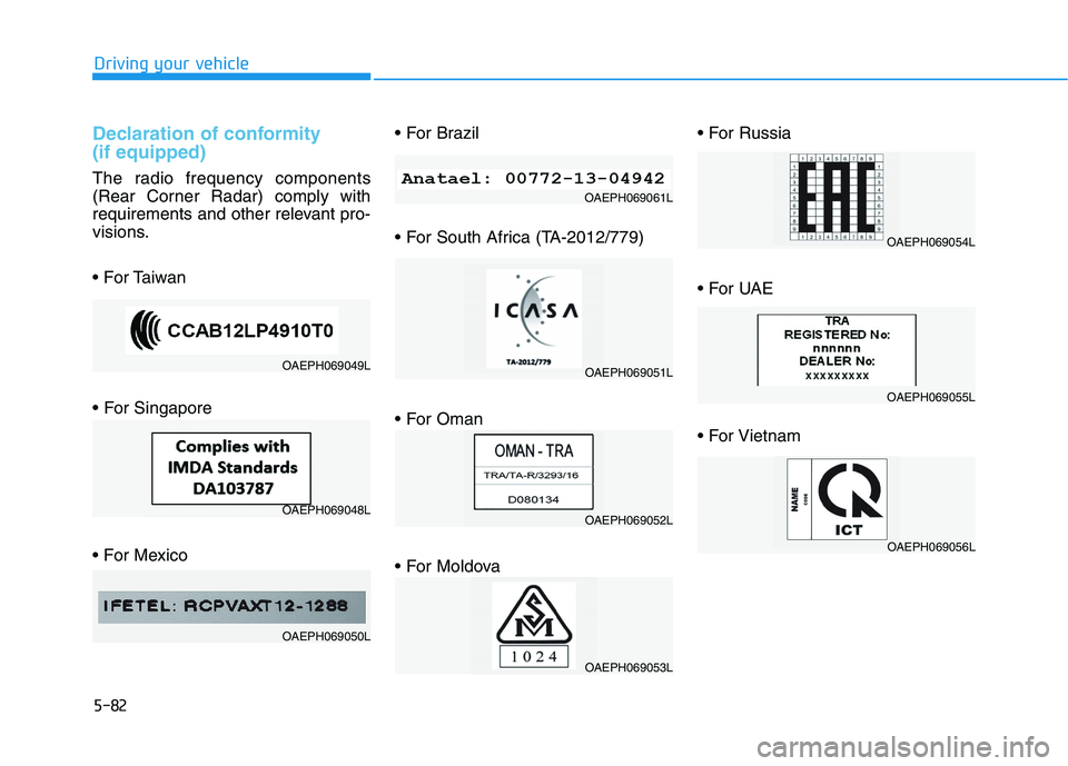 HYUNDAI IONIQ 2020 Owners Manual 5-82
Declaration of conformity
(if equipped)
The radio frequency components
(Rear Corner Radar) comply with
requirements and other relevant pro-
visions.
Driving your vehicle
OAEPH069049L
OAE HYUNDAI IONIQ 2020 Owners Manual 5-82
Declaration of conformity
(if equipped)
The radio frequency components
(Rear Corner Radar) comply with
requirements and other relevant pro-
visions.
Driving your vehicle
OAEPH069049L
OAE