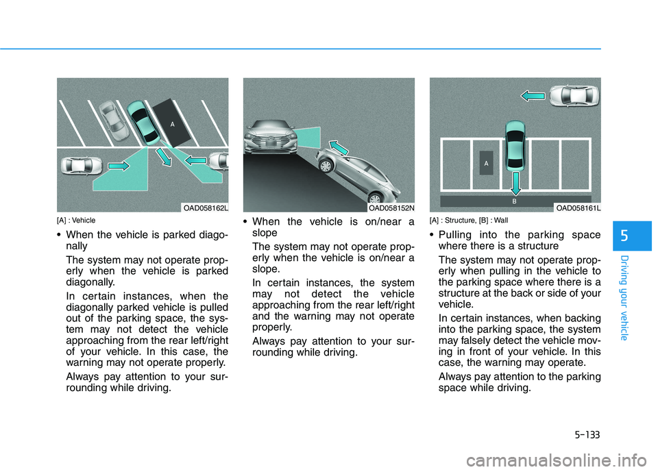 HYUNDAI IONIQ 2020  Owners Manual 5-133
Driving your vehicle
5
[A] : Vehicle
 When the vehicle is parked diago-
nally
The system may not operate prop-
erly when the vehicle is parked
diagonally.
In certain instances, when the
diagonal