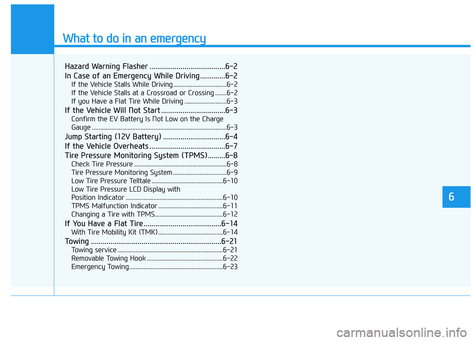 HYUNDAI IONIQ 2020 Owners Manual What to do in an emergency
6
Hazard Warning Flasher .......................................6-2
In Case of an Emergency While Driving.............6-2
If the Vehicle Stalls While Driving ............... HYUNDAI IONIQ 2020 Owners Manual What to do in an emergency
6
Hazard Warning Flasher .......................................6-2
In Case of an Emergency While Driving.............6-2
If the Vehicle Stalls While Driving ...............