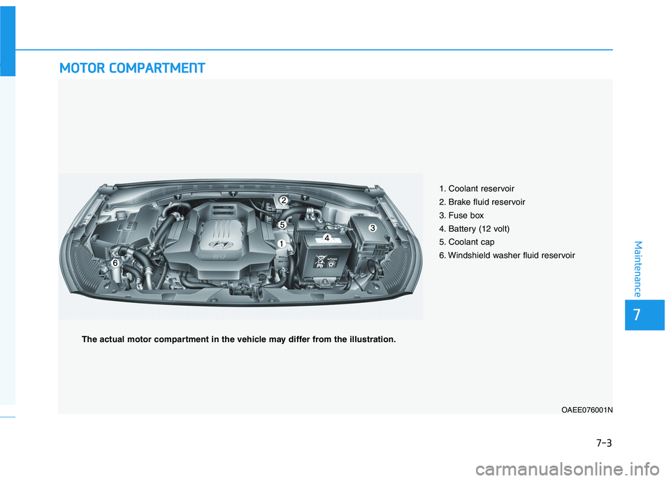 HYUNDAI IONIQ 2020 Owners Manual 7-3
7
Maintenance
M MO
OT
TO
OR
R
C
CO
OM
MP
PA
AR
RT
TM
ME
EN
NT
T
1. Coolant reservoir
2. Brake fluid reservoir
3. Fuse box
4. Battery (12 volt)
5. Coolant cap
6. Windshield washer fluid reser HYUNDAI IONIQ 2020 Owners Manual 7-3
7
Maintenance
M MO
OT
TO
OR
R
C
CO
OM
MP
PA
AR
RT
TM
ME
EN
NT
T
1. Coolant reservoir
2. Brake fluid reservoir
3. Fuse box
4. Battery (12 volt)
5. Coolant cap
6. Windshield washer fluid reser