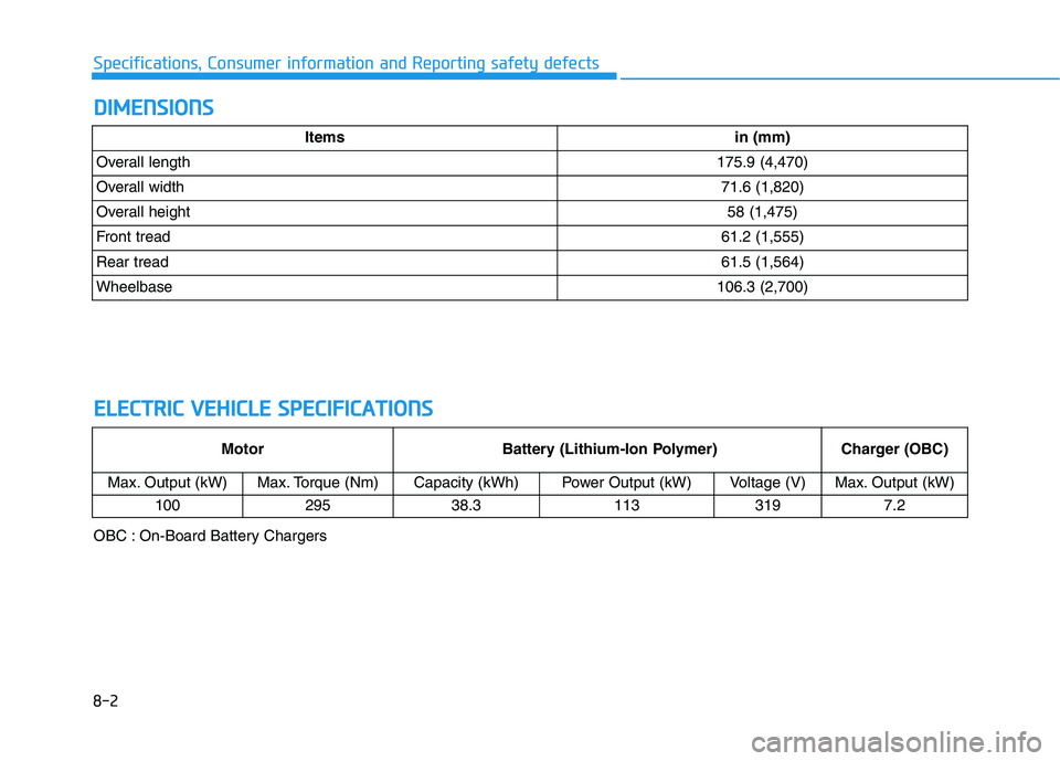 HYUNDAI IONIQ 2020  Owners Manual D DI
IM
ME
EN
NS
SI
IO
ON
NS
S
8-2
Specifications, Consumer information and Reporting safety defects
Itemsin (mm)
Overall length175.9 (4,470)
Overall width71.6 (1,820)
Overall height58 (1,475)
Front t