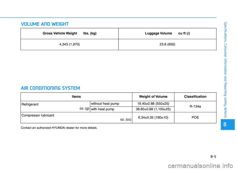 HYUNDAI IONIQ 2020 Owners Manual 8-5
88
Specifications, Consumer information and Reporting safety defectsV VO
OL
LU
UM
ME
E
A
AN
ND
D
W
WE
EI
IG
GH
HT
T
A AI
IR
R
C
CO
ON
ND
DI
IT
TI
IO
ON
NI
IN
NG
G
S
SY
YS
ST
TE
EM
M
Contac HYUNDAI IONIQ 2020 Owners Manual 8-5
88
Specifications, Consumer information and Reporting safety defectsV VO
OL
LU
UM
ME
E
A
AN
ND
D
W
WE
EI
IG
GH
HT
T
A AI
IR
R
C
CO
ON
ND
DI
IT
TI
IO
ON
NI
IN
NG
G
S
SY
YS
ST
TE
EM
M
Contac