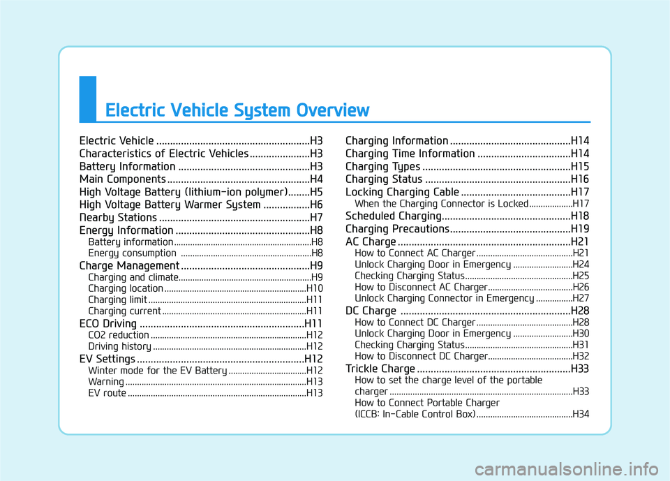 HYUNDAI IONIQ 2020 Owners Manual E El
le
ec
ct
tr
ri
ic
c
V
Ve
eh
hi
ic
cl
le
e
S
Sy
ys
st
te
em
m
O
Ov
ve
er
rv
vi
ie
ew
w
Electric Vehicle ........................................................H3
Characteristics of Electric HYUNDAI IONIQ 2020 Owners Manual E El
le
ec
ct
tr
ri
ic
c
V
Ve
eh
hi
ic
cl
le
e
S
Sy
ys
st
te
em
m
O
Ov
ve
er
rv
vi
ie
ew
w
Electric Vehicle ........................................................H3
Characteristics of Electric