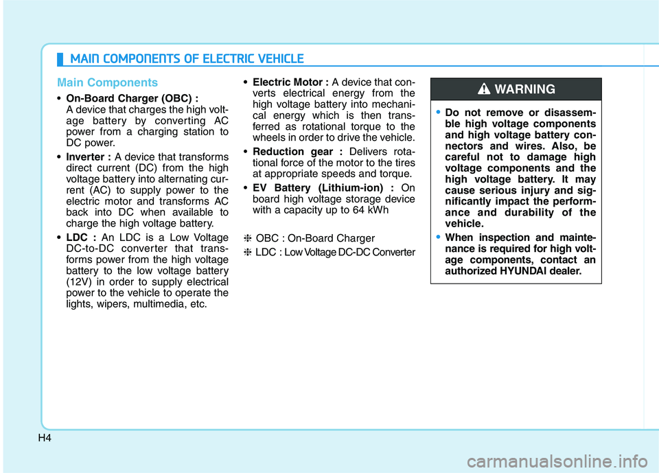 HYUNDAI IONIQ 2020 Owners Manual H4
Main Components
On-Board Charger (OBC) :
A device that charges the high volt-
age battery by converting AC
power from a charging station to
DC power.
• Inverter :A device that transforms
direct c HYUNDAI IONIQ 2020 Owners Manual H4
Main Components
On-Board Charger (OBC) :
A device that charges the high volt-
age battery by converting AC
power from a charging station to
DC power.
• Inverter :A device that transforms
direct c