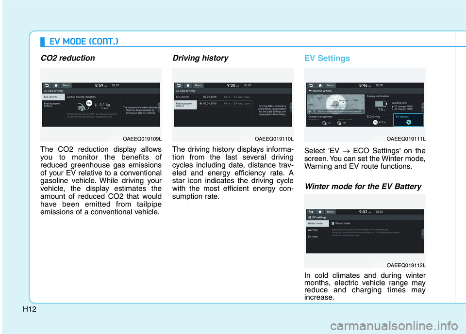 HYUNDAI IONIQ 2020 Owners Manual H12
CO2 reduction
The CO2 reduction display allows
you to monitor the benefits of
reduced greenhouse gas emissions
of your EV relative to a conventional
gasoline vehicle. While driving your
vehicle, t HYUNDAI IONIQ 2020 Owners Manual H12
CO2 reduction
The CO2 reduction display allows
you to monitor the benefits of
reduced greenhouse gas emissions
of your EV relative to a conventional
gasoline vehicle. While driving your
vehicle, t