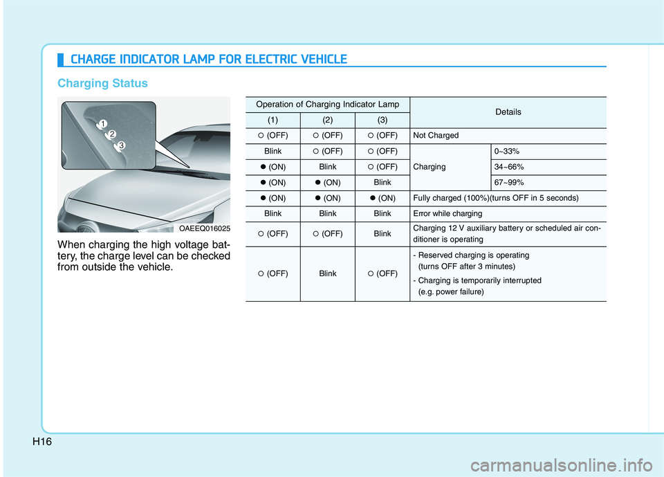 HYUNDAI IONIQ 2020  Owners Manual H16
C CH
HA
AR
RG
GE
E 
 I
IN
ND
DI
IC
CA
AT
TO
OR
R 
 L
LA
AM
MP
P 
 F
FO
OR
R 
 E
EL
LE
EC
CT
TR
RI
IC
C 
 V
VE
EH
HI
IC
CL
LE
E
Charging Status
When charging the high voltage bat-
tery, the charge 