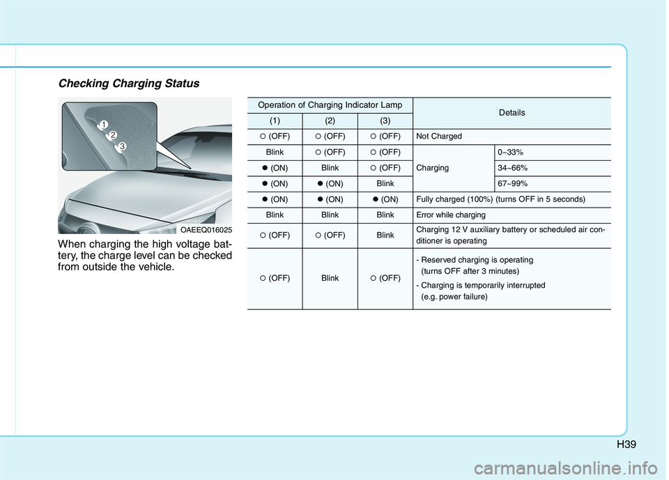 HYUNDAI IONIQ 2020  Owners Manual H39
Checking Charging Status
When charging the high voltage bat-
tery, the charge level can be checked
from outside the vehicle.
OAEEQ016025
Operation of Charging Indicator LampDetails(1)(2)(3)
(OFF)