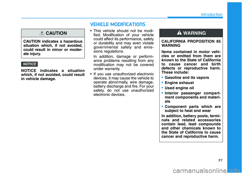 HYUNDAI IONIQ 2020 Owners Manual F7
Introduction
NOTICE indicates a situation
which, if not avoided, could result
in vehicle damage. This vehicle should not be modi-
fied. Modification of your vehicle
could affect its performance, sa HYUNDAI IONIQ 2020 Owners Manual F7
Introduction
NOTICE indicates a situation
which, if not avoided, could result
in vehicle damage. This vehicle should not be modi-
fied. Modification of your vehicle
could affect its performance, sa