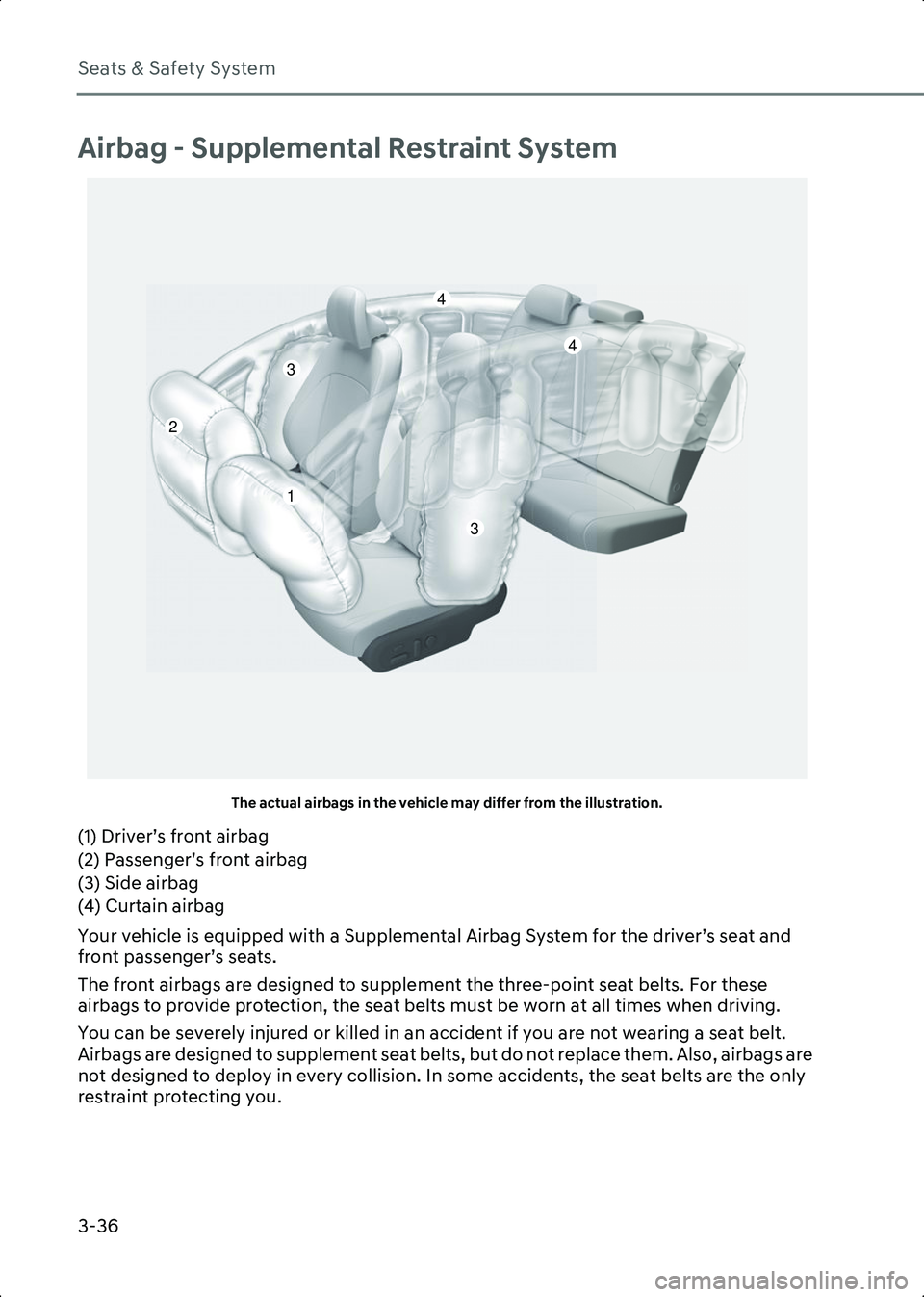 HYUNDAI IONIQ 6 2023  Owners Manual Seats & Safety System
3-36
Airbag - Supplemental Restraint System
A3002301The actual airbags in the vehicle may differ from the illustration.
(1) Driver’s front airbag
(2) Passenger’s front airbag