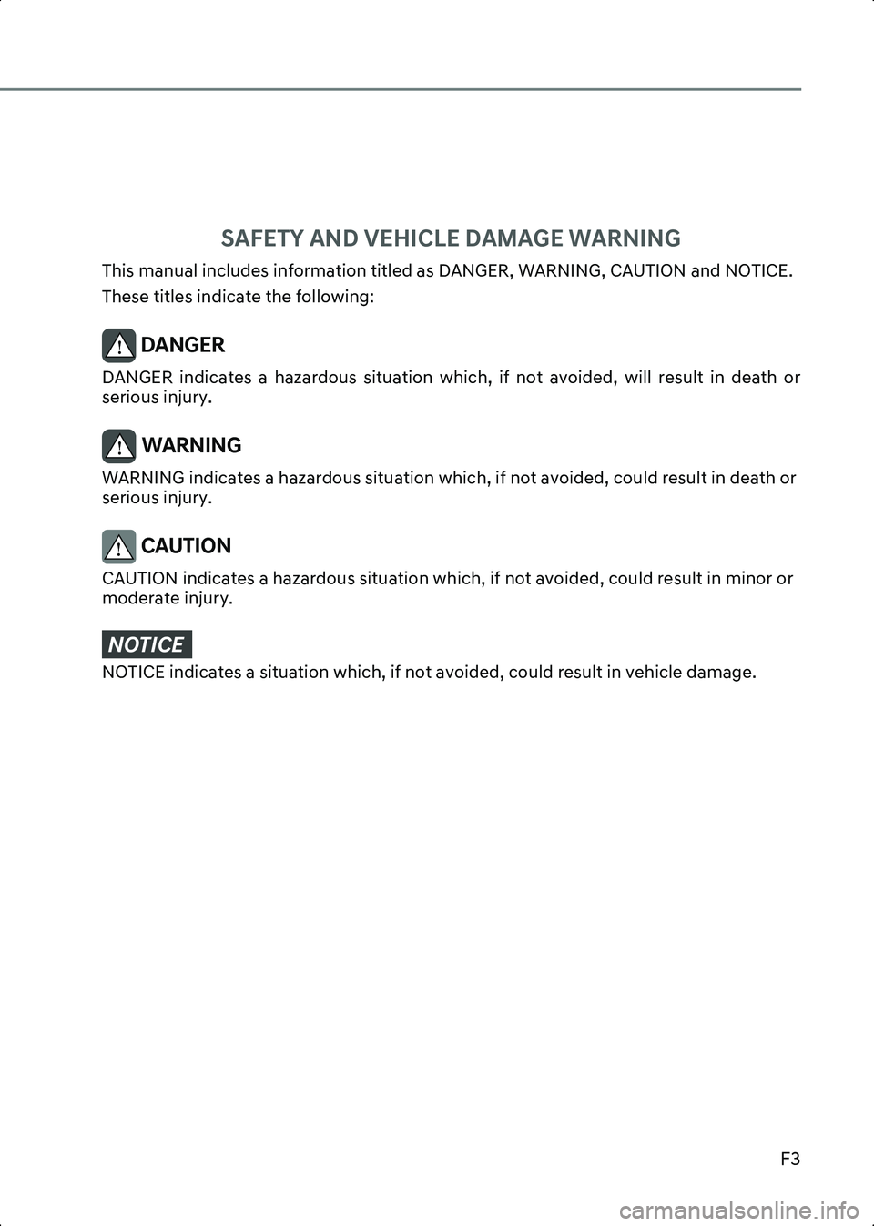 HYUNDAI IONIQ 6 2023  Owners Manual 01
F3
SAFETY AND VEHICLE DAMAGE WARNING
This manual includes information titled as DANGER, WARNING, CAUTION and NOTICE.
These titles indicate the following:
DANGER DANGER  indicates  a  hazardous  sit