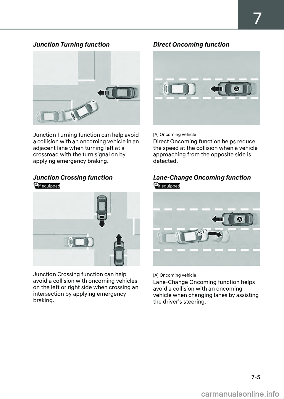HYUNDAI IONIQ 6 2023 Owners Manual 7
7-5
Junction Turning function
B7000102
Junction Turning function can help avoid
a collision with an oncoming vehicle in an
adjacent lane when turning left at a
crossroad with the turn signal on b HYUNDAI IONIQ 6 2023 Owners Manual 7
7-5
Junction Turning function
B7000102
Junction Turning function can help avoid
a collision with an oncoming vehicle in an
adjacent lane when turning left at a
crossroad with the turn signal on b