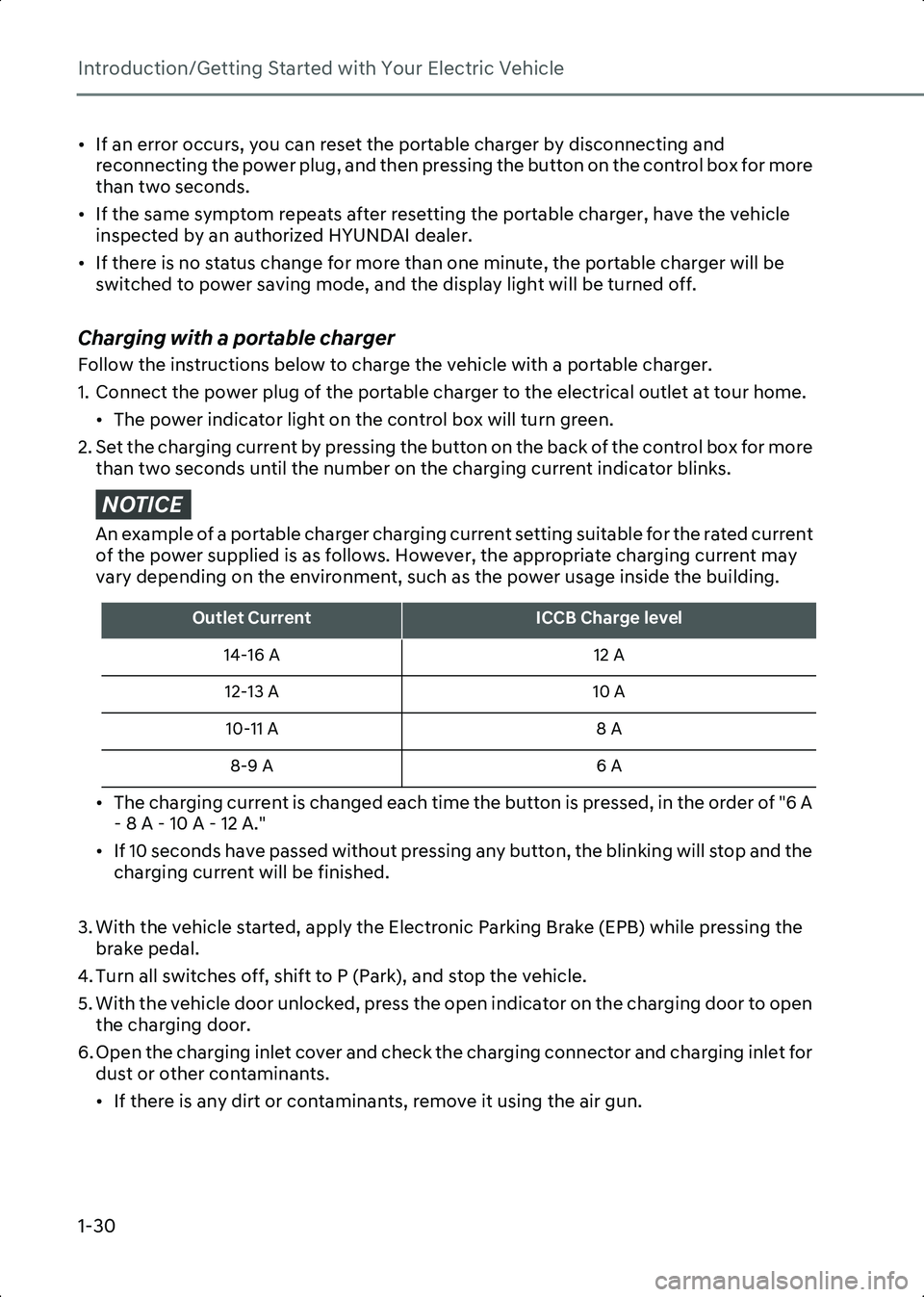 HYUNDAI IONIQ 6 2023  Owners Manual Introduction/Getting Started with Your Electric Vehicle
1-30
• If an error occurs, you can reset the portable charger by disconnecting and reconnecting the power plug, and then pressing the button o