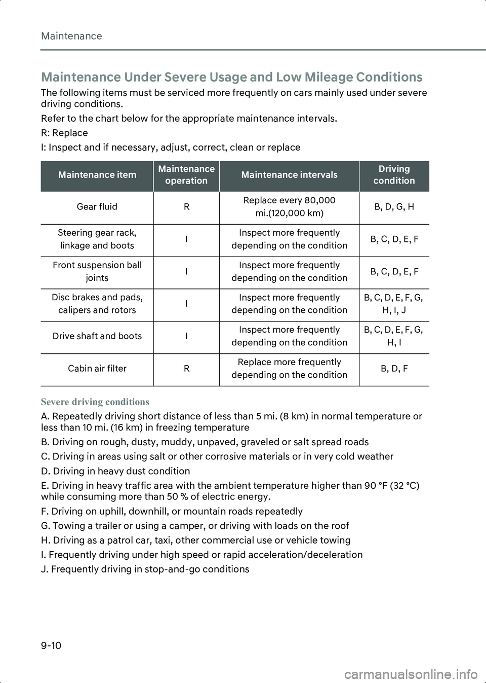 HYUNDAI IONIQ 6 2023  Owners Manual Maintenance
9-10
Maintenance Under Severe Usage and Low Mileage Conditions
The following items must be serviced more frequently on cars mainly used under severe 
driving conditions.
Refer to the chart