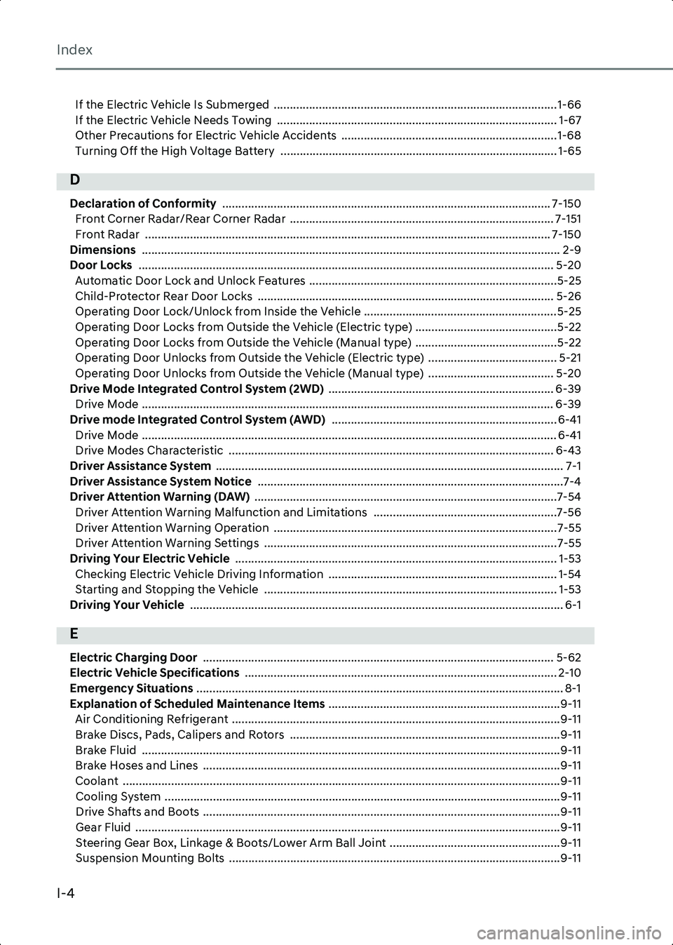 HYUNDAI IONIQ 6 2023 Owners Manual Index
I-4
If the Electric Vehicle Is Submerged ........................................................................................1-66
If the Electric Vehicle Needs Towing ..................... HYUNDAI IONIQ 6 2023 Owners Manual Index
I-4
If the Electric Vehicle Is Submerged ........................................................................................1-66
If the Electric Vehicle Needs Towing .....................