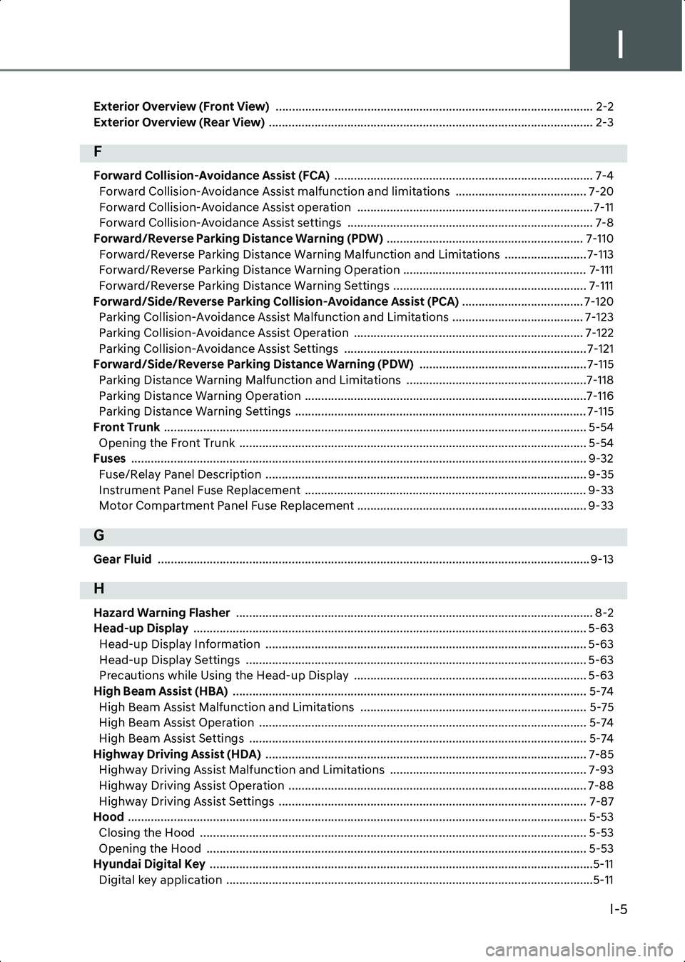 HYUNDAI IONIQ 6 2023 Owners Manual I
I-5
Exterior Overview (Front View) ................................................................................................. 2-2
Exterior Overview (Rear View) ............................ HYUNDAI IONIQ 6 2023 Owners Manual I
I-5
Exterior Overview (Front View) ................................................................................................. 2-2
Exterior Overview (Rear View) ............................