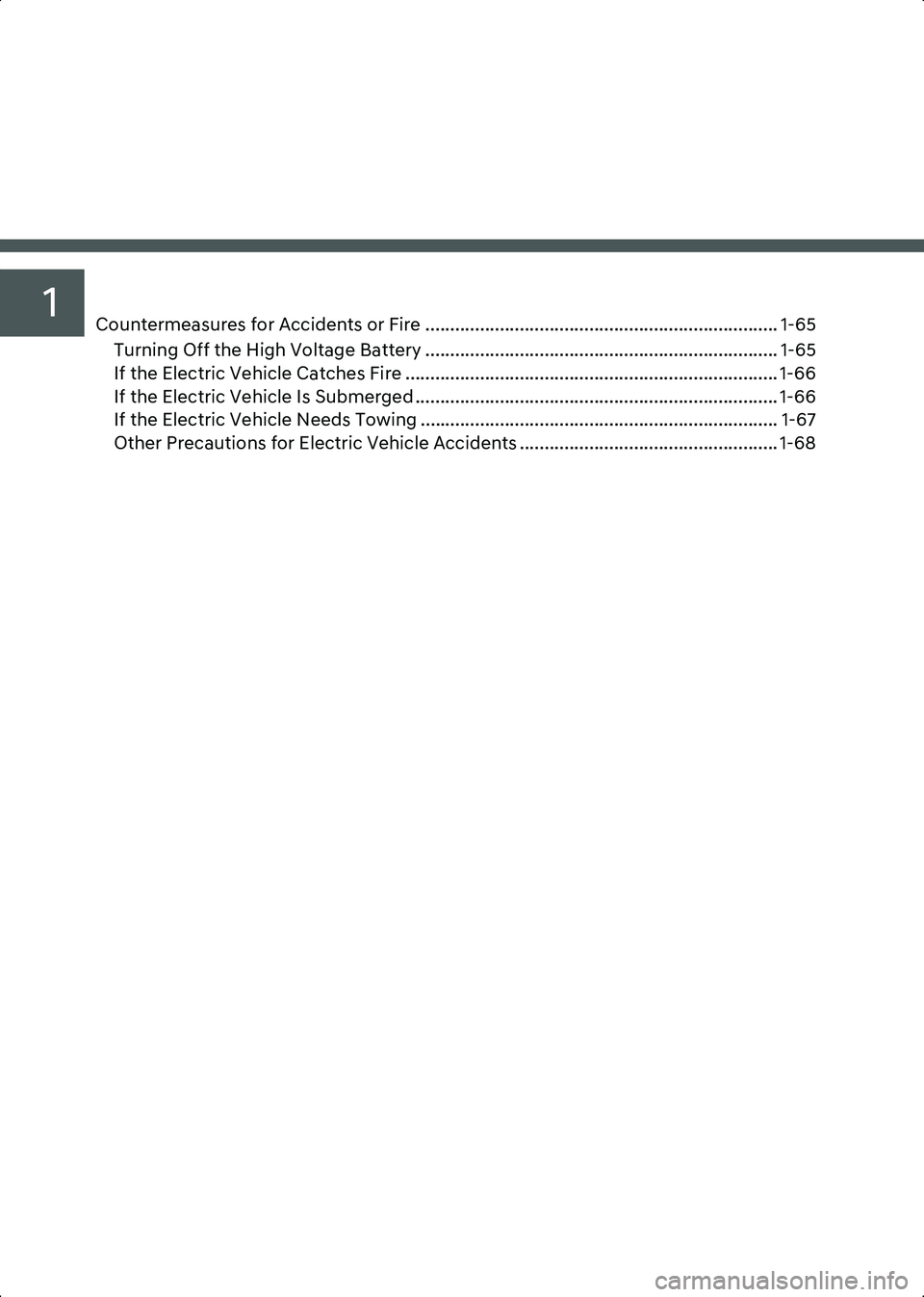 HYUNDAI IONIQ 6 2023  Owners Manual 1Countermeasures for Accidents or Fire ....................................................................... 1-65Turning Off the High Voltage Battery ................................................