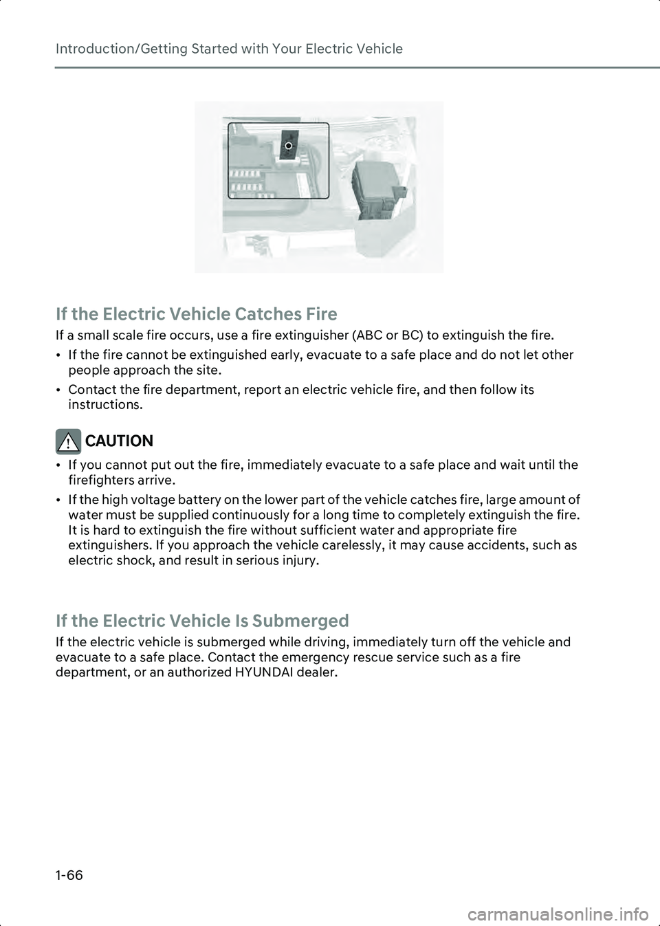 HYUNDAI IONIQ 6 2023 Manual PDF Introduction/Getting Started with Your Electric Vehicle
1-66
B0003101
If the Electric Vehicle Catches Fire
If a small scale fire occurs, use a fire extinguisher (ABC or BC) to extinguish the fire.
•