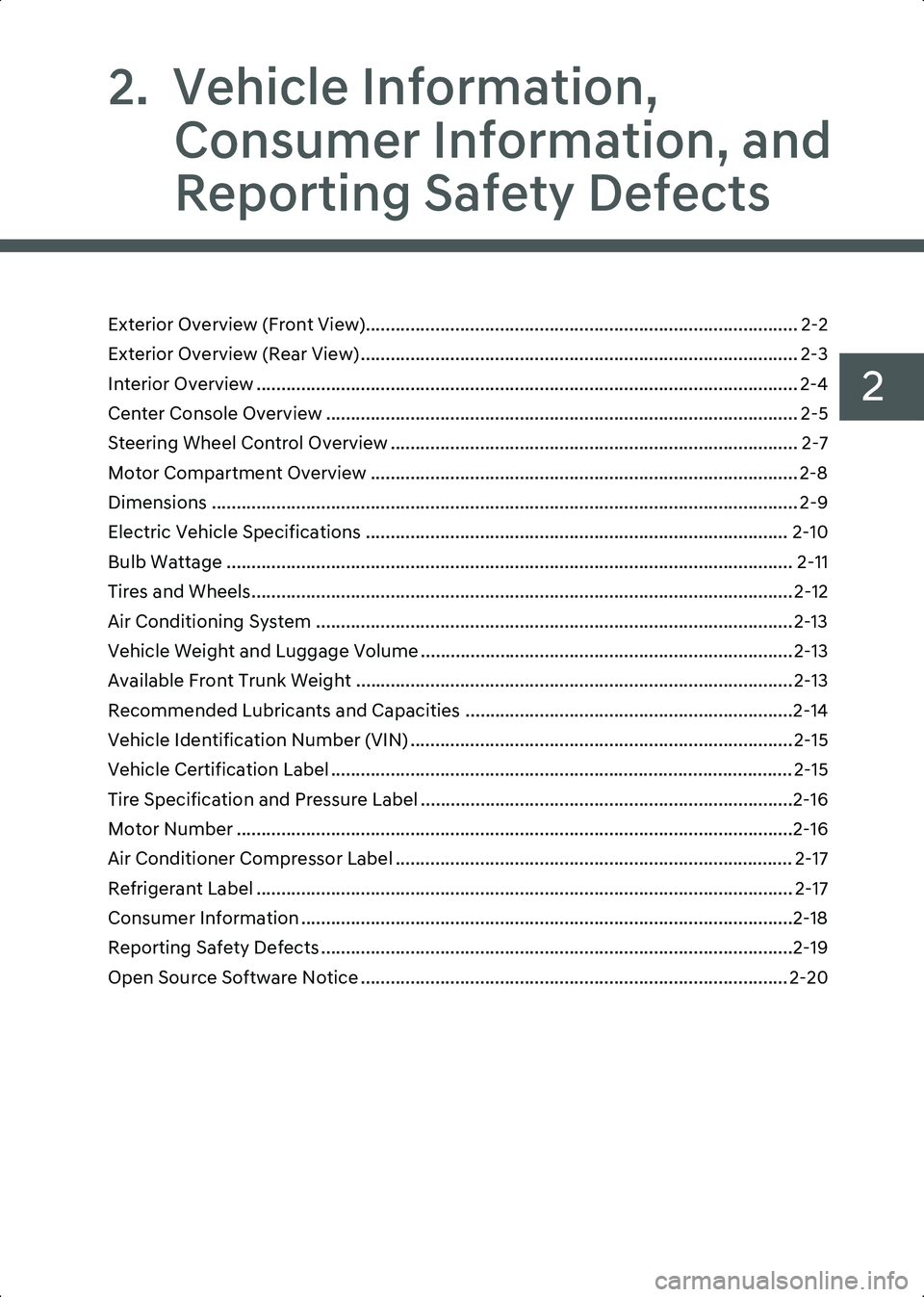 HYUNDAI IONIQ 6 2023 Manual PDF 2
2.  Vehicle Information, Consumer Information, and 
Reporting Safety Defects
Exterior Overview (Front View)....................................................................................... 2-2