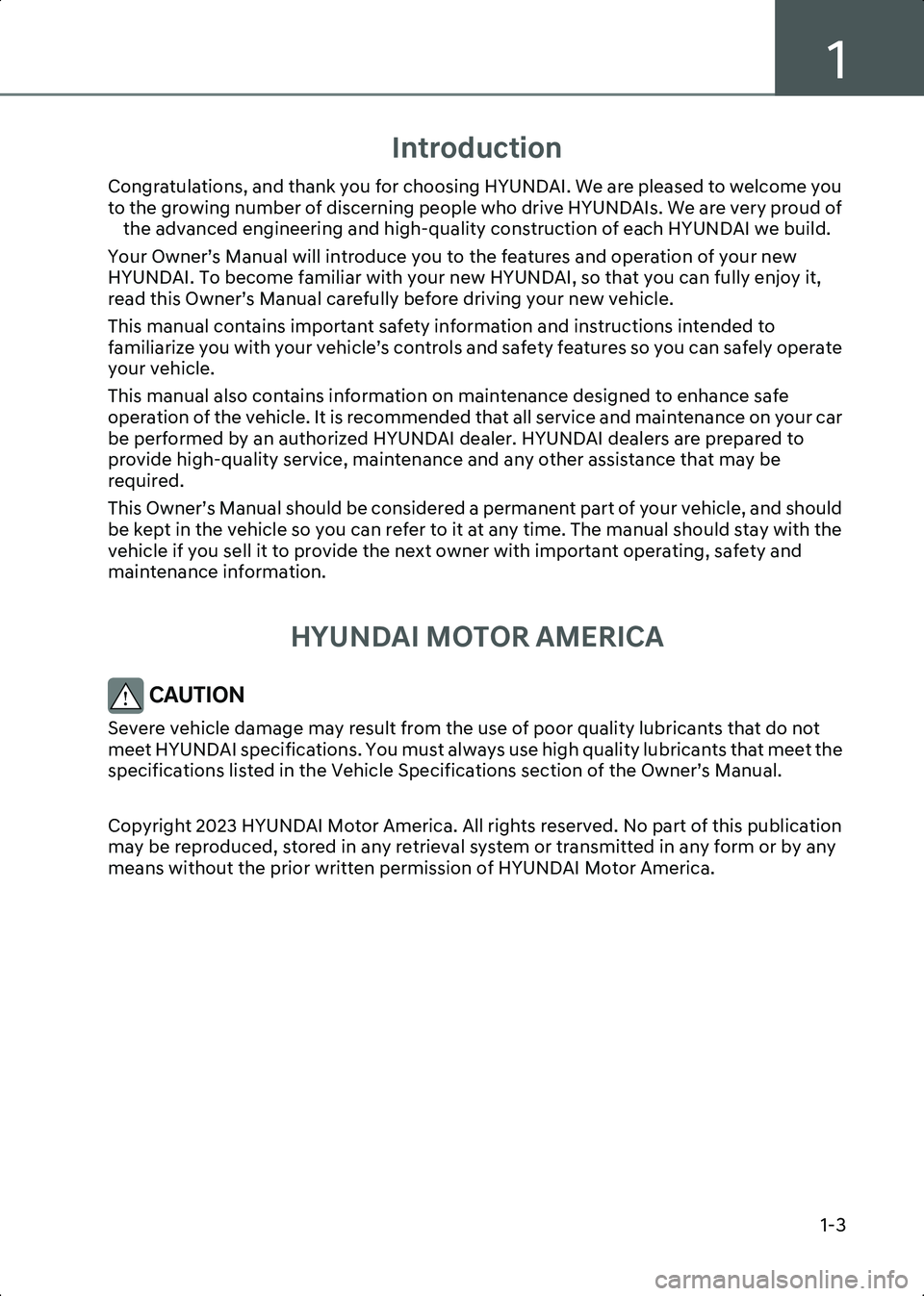 HYUNDAI IONIQ 6 2023  Owners Manual 1
1-3
Introduction
Congratulations, and thank you for choosing HYUNDAI. We are pleased to welcome you 
to the growing number of discerning people who drive HYUNDAIs. We are very proud of the advanced 