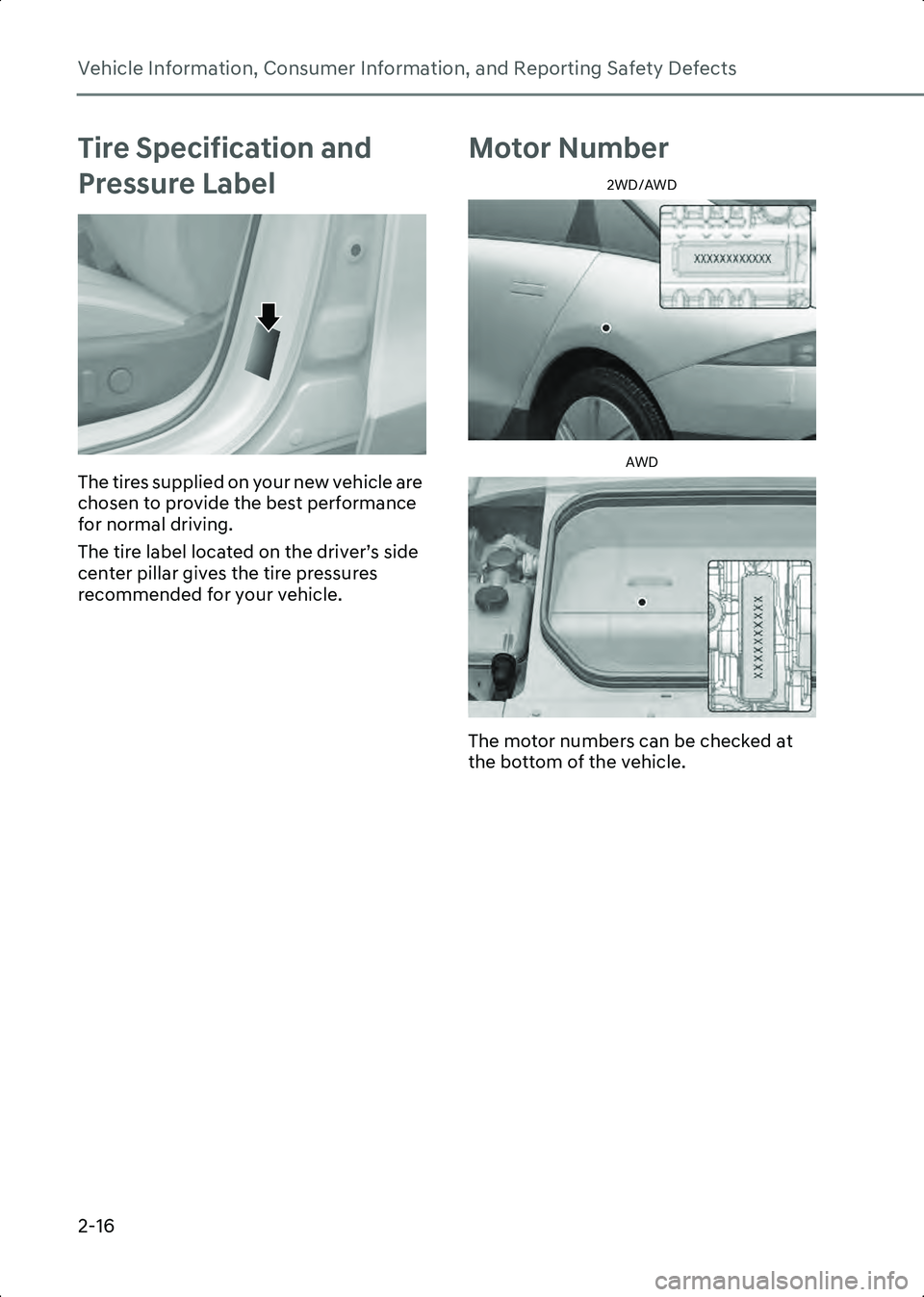 HYUNDAI IONIQ 6 2023 Manual Online Vehicle Information, Consumer Information, and Reporting Safety Defects
2-16
Tire Specification and 
Pressure Label
ONE1011025L
The tires supplied on your new vehicle are 
chosen to provide the best p