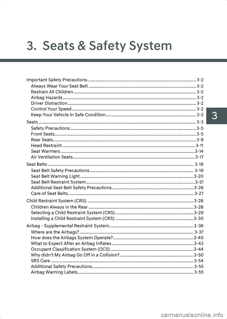 HYUNDAI IONIQ 6 2023 Owners Manual 3
3. Seats & Safety System
Important Safety Precautions......................................................................................... 3-2Always Wear Your Seat Belt ........................ HYUNDAI IONIQ 6 2023 Owners Manual 3
3. Seats & Safety System
Important Safety Precautions......................................................................................... 3-2Always Wear Your Seat Belt ........................