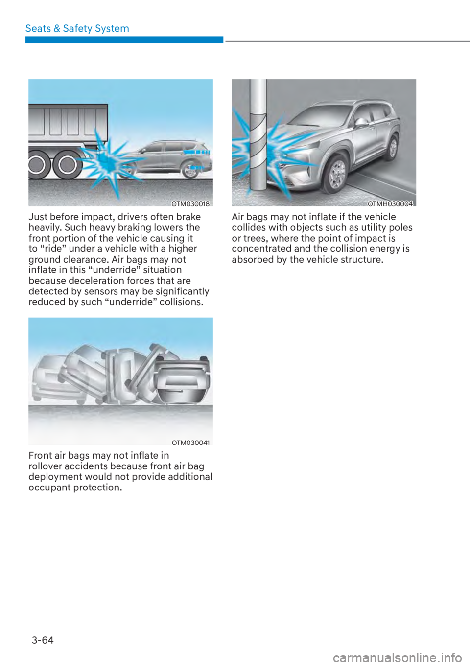 HYUNDAI SANTA FE HYBRID 2023  Owners Manual Seats & Safety System3-64
OTM030018
Just before impact, drivers often brake 
heavily. Such heavy braking lowers the 
front portion of the vehicle causing it 
to “ride” under a vehicle with a highe