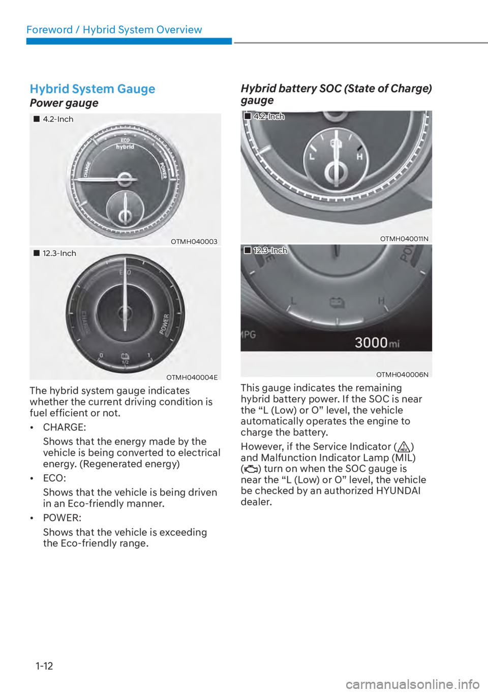 HYUNDAI SANTA FE HYBRID 2023 User Guide Foreword / Hybrid System Overview1-12
Hybrid System Gauge
Power gauge
��„4.2-Inch
OTMH040003
��„12.3-Inch
OTMH040004E
The hybrid system gauge indicates 
whether the current driving condition is 