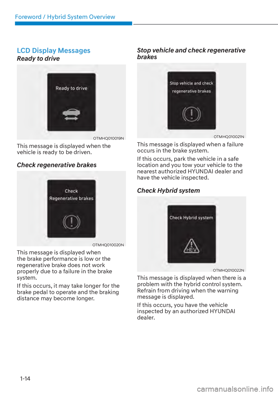 HYUNDAI SANTA FE HYBRID 2023 User Guide Foreword / Hybrid System Overview1-14
LCD Display Messages
Ready to drive
OTMHQ010019N
This message is displayed when the 
vehicle is ready to be driven.
Check regenerative brakes
OTMHQ010020N
This me