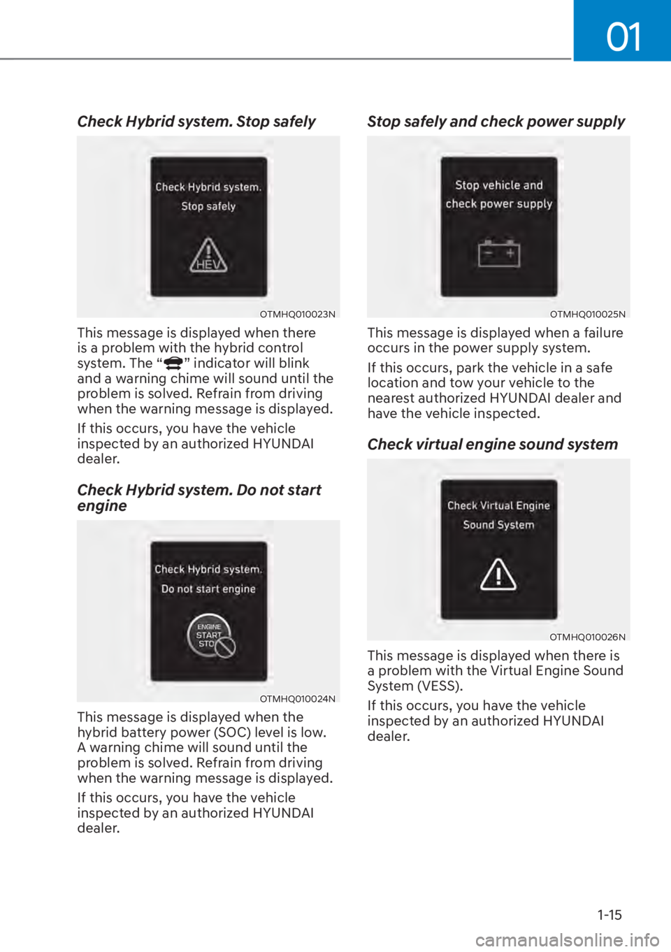 HYUNDAI SANTA FE HYBRID 2023  Owners Manual 01
1-15
Check Hybrid system. Stop safely
OTMHQ010023N
This message is displayed when there 
is a problem with the hybrid control 
system. The “
” indicator will blink 
and a warning chime will sou