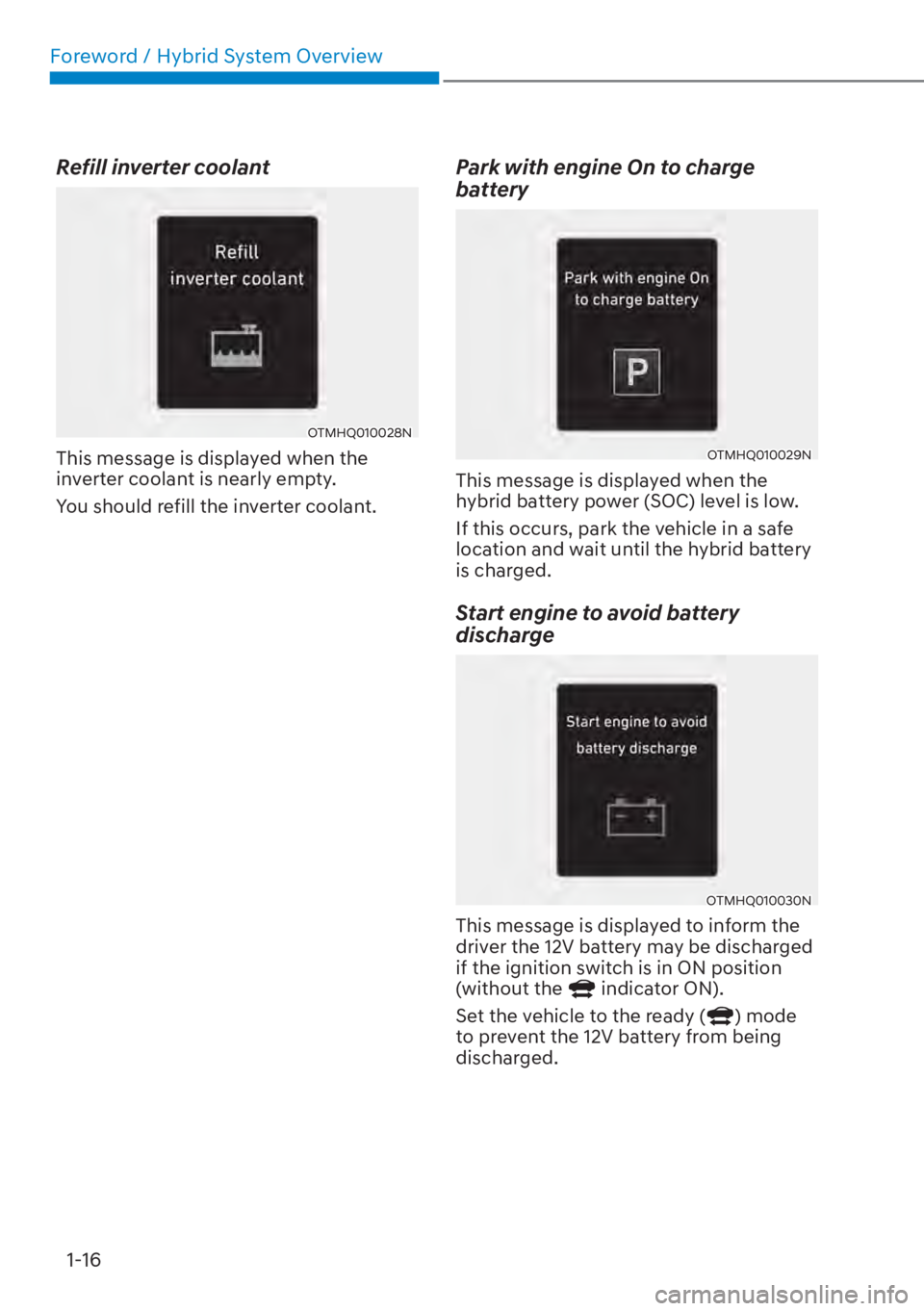 HYUNDAI SANTA FE HYBRID 2023 Owners Manual Foreword / Hybrid System Overview1-16
Refill inverter coolant
OTMHQ010028N
This message is displayed when the 
inverter coolant is nearly empty.
You should refill the inverter coolant.
Park with engin