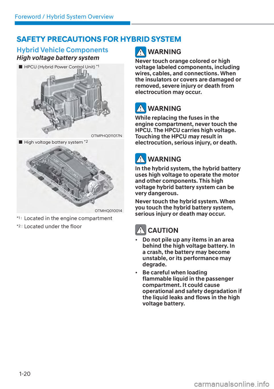 HYUNDAI SANTA FE HYBRID 2023 Owners Manual Foreword / Hybrid System Overview1-20
SAFETY PRECAUTIONS FOR HYBRID SYSTEM
Hybrid Vehicle Components
High voltage battery system
��„HPCU (Hybrid Power Control Unit) *1
OTMPHQ011017N
��„High volt