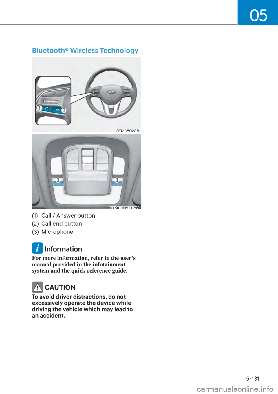 HYUNDAI SANTA FE HYBRID 2023  Owners Manual 05
5-131
Bluetooth® Wireless Technology
OTM050208
OTMPH051018N
(1)  Call / Answer button
(2)  Call end button
(3) Microphone
 Information
For more information, refer to the user’s 
manual provided 