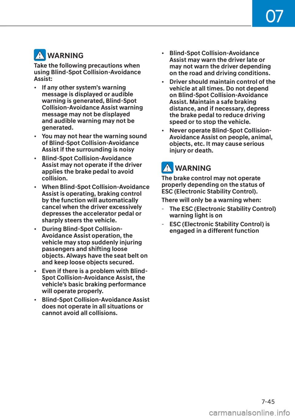 HYUNDAI SANTA FE HYBRID 2023  Owners Manual 07
7-45
 WARNING
Take the following precautions when 
using Blind-Spot Collision-Avoidance 
Assist:
[�If any other system’s warning 
message is displayed or audible 
warning is generated, Blind-Sp