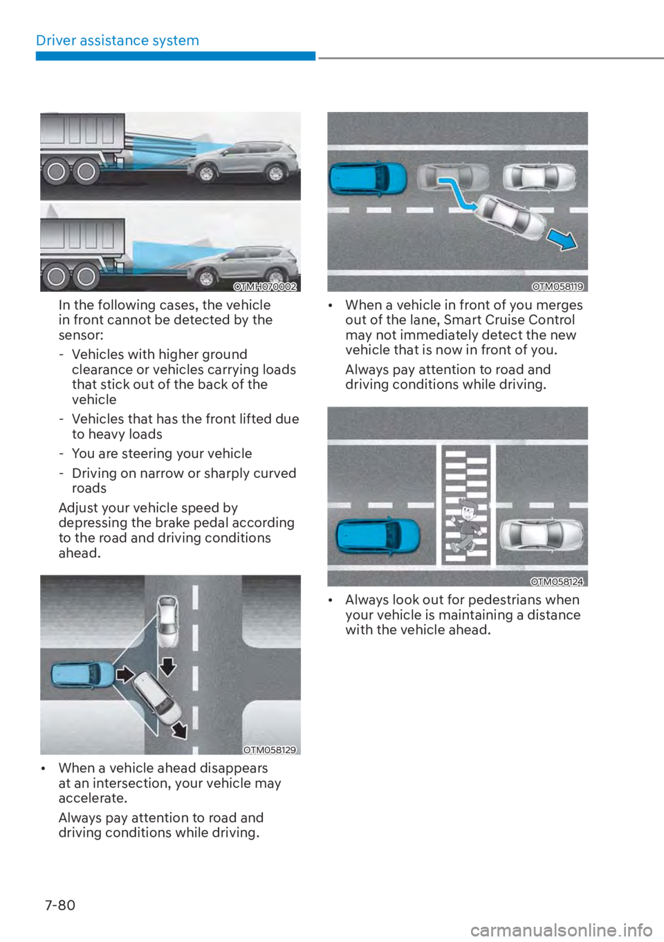 HYUNDAI SANTA FE HYBRID 2023  Owners Manual Driver assistance system7-80
OTMH070002
In the following cases, the vehicle 
in front cannot be detected by the 
sensor: - Vehicles with higher ground  clearance or vehicles carrying loads 
that stick