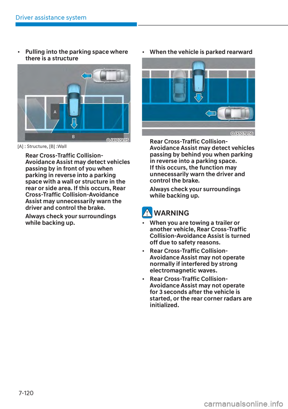 HYUNDAI SANTA FE HYBRID 2023  Owners Manual Driver assistance system7-120
[� Pulling into the parking space where 
there is a structure 
OJX1079115[A] : Structure, [B] :Wall
Rear Cross-Traffic Collision-
Avoidance Assist may detect vehicles 
