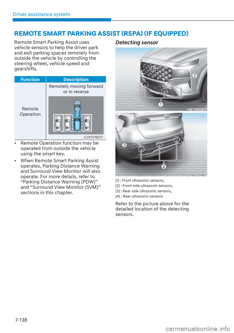 HYUNDAI SANTA FE HYBRID 2023  Owners Manual Driver assistance system7-138
Remote Smart Parking Assist uses 
vehicle sensors to help the driver park 
and exit parking spaces remotely from 
outside the vehicle by controlling the 
steering wheel, 