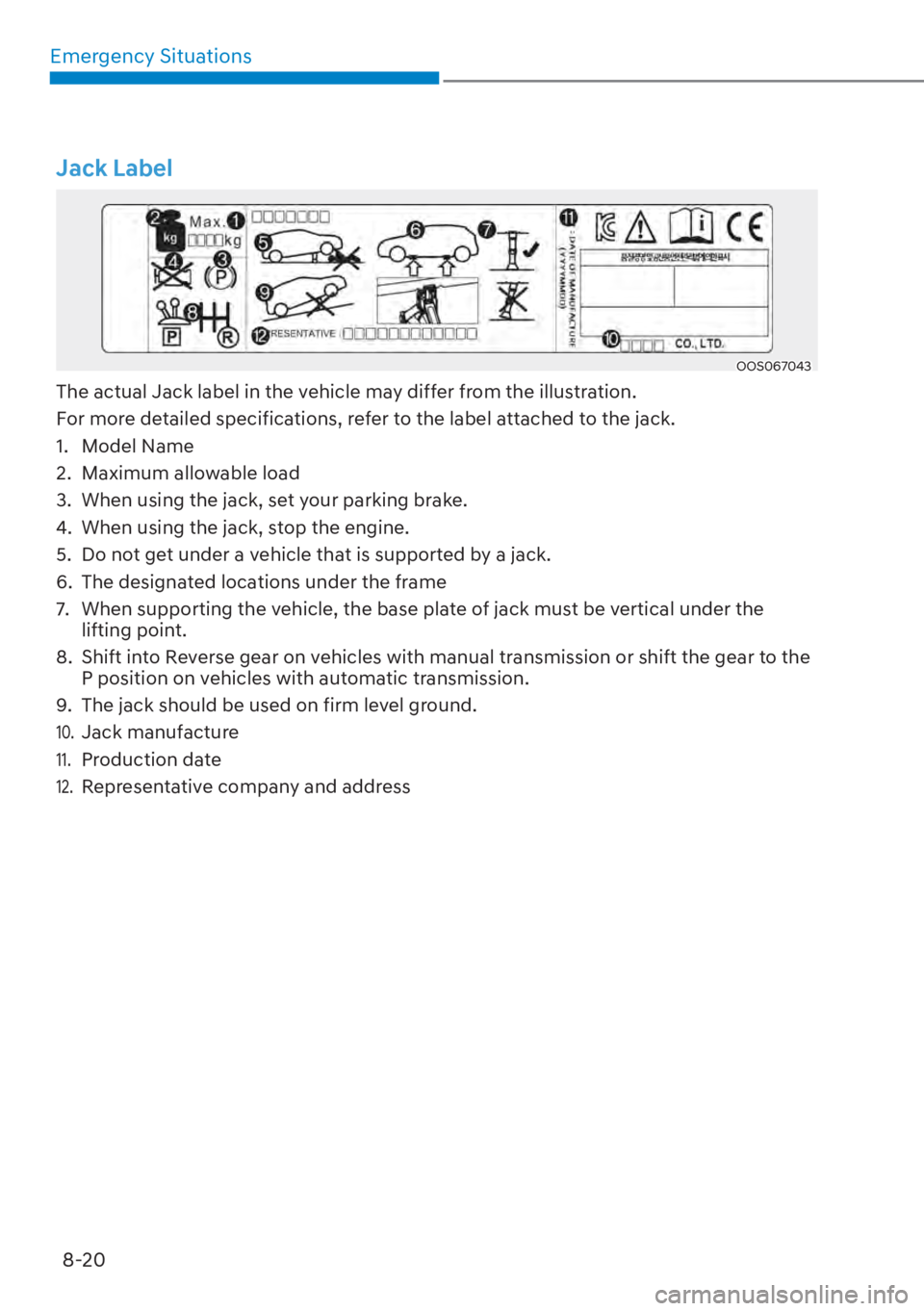 HYUNDAI SANTA FE HYBRID 2023  Owners Manual Emergency Situations8-20
Jack Label
OOS067043
The actual Jack label in the vehicle may differ from the illustration.
For more detailed specifications, refer to the label attached to the jack.
1. Model