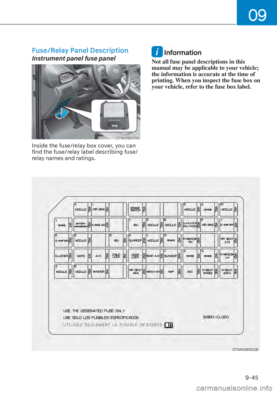 HYUNDAI SANTA FE HYBRID 2023  Owners Manual 09
9-45
Fuse/Relay Panel Description
Instrument panel fuse panel
OTM090019
Inside the fuse/relay box cover, you can 
find the fuse/relay label describing fuse/
relay names and ratings.
 Information
No